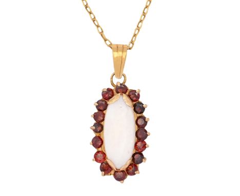 An opal and garnet pendant, in gold, 28mm h, marked 18K, 8.3g  Good condition