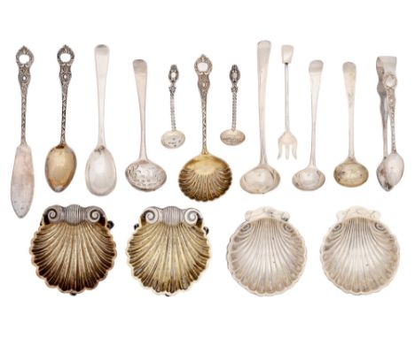 A pair of Victorian silver scallop shell salt cellars, on dolphin feet, 68mm l, maker H.A, Birmingham 1863, another pair and 