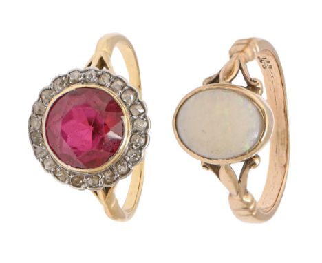 A diamond and synthetic ruby ring&nbsp;in gold and an opal ring in gold, marked 9ct, 8.5g, size R, T (2)  Opal scratched from
