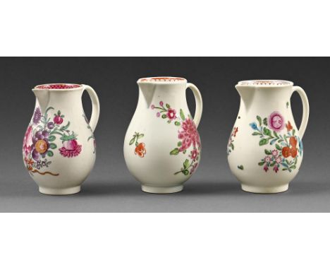 Three Worcester sparrow beak cream jugs, c.1780, 9.3cm and smaller (3)  Restoration around handle to one jug, crack to base o