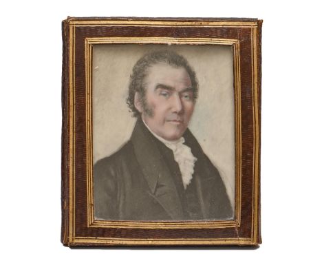 English School, 19th century - Portrait Miniature of a Gentleman, with blue eyes, in white stock and black coat, ivory 74 x 6