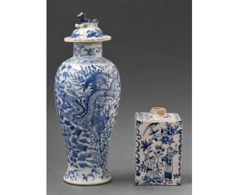 A Chinese blue and white Kangxi dragon vase and cover and a Delft tea cannister, late 18th c, the tea cannister painted with 