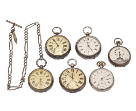 Five silver lever and keyless lever watches, late 19th-early 20th c, a silver Hebdomas watch and a contemporary silver snaffl