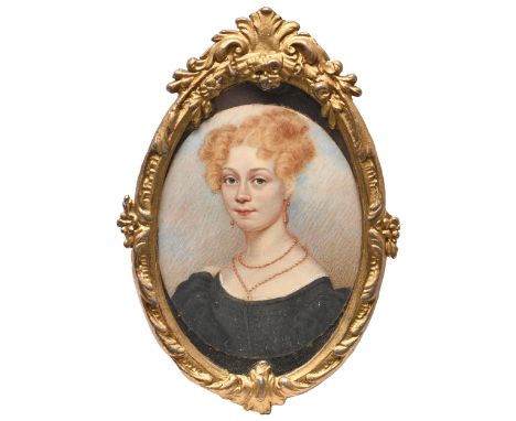 English School, 19th century - Portrait Miniature of a Young Woman, in a black dress and coral jewellery, ivory, oval 66mm, a