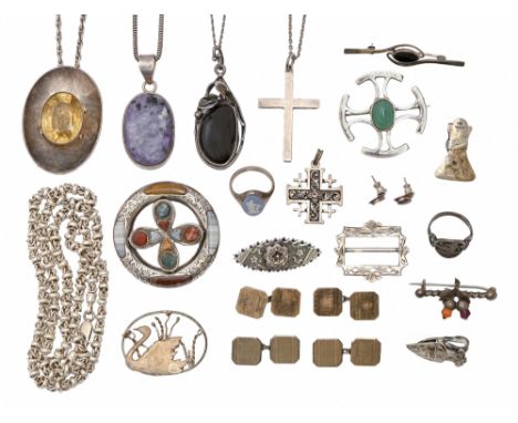 Miscellaneous silver jewellery, Victorian and later, to include a circular brooch, set with Scottish hardstones and a moderni
