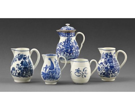 Five Worcester sparrow beak cream jugs, c.1770-1780, to include a barrel-shape cream jug and a reeded hot milk jug and associ