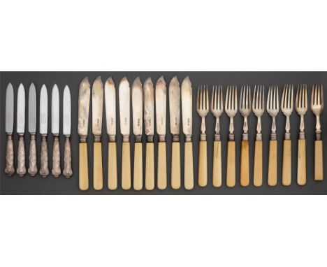 A set of nine Victorian bone hafted silver fish knives and eight forks, by Atkin Bros, Sheffield 1892 and 1893 and a set of s