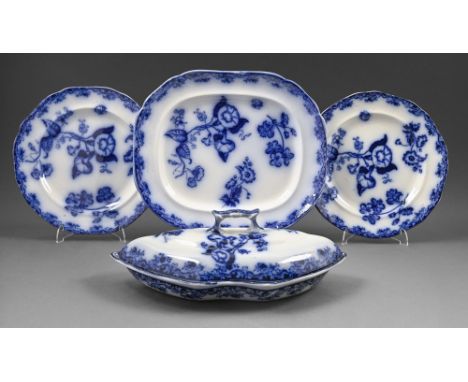 Two Middleborough Pottery blue and white Convolvulus pattern plates, a dish and a tureen and cover, first half 19th c, tureen