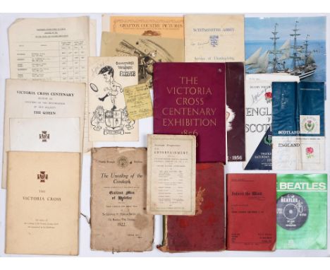 Miscellaneous printed ehemera, early 20th c and later, including Victoria Cross Centenary Celebration programme and exhibitio