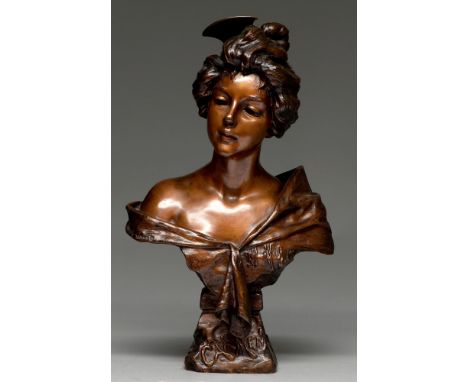 A French Art Nouveau bronze bust of Carmen, cast from a model by Emmanuel Villanis, early 20th c, light brown patina, 42cm h 