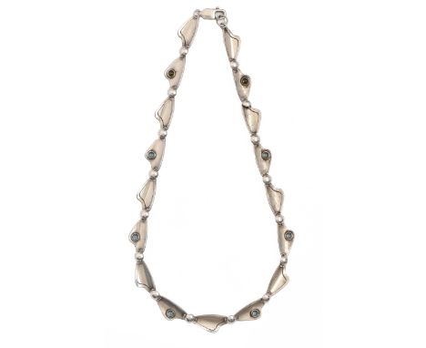 A&nbsp; mid century silver necklace, of wing shaped links with cabochons, 40.5cm l, unmarked, later silver clasp, 27g Light w