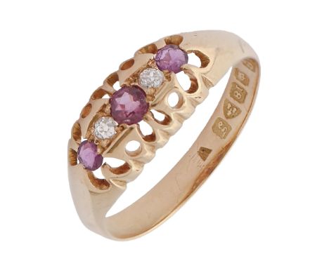 A ruby and diamond ring, with old cut diamonds, in 18ct gold, Chester 1919, 3.2g, size P  Central ruby slightly scratched, ev