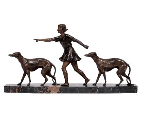 An Art Deco bronzed spelter group, c. 1930, of a young lady and two dogs, canted rectangular marble base, 58cm w  Generally g