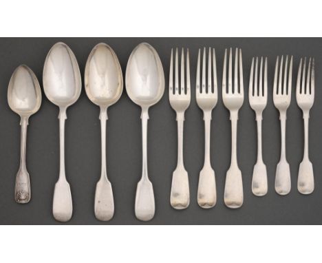 A set of three Victorian silver tablespoons, Fiddle pattern, by Chawner &amp; Co, London 1856, two sets of three contemporary
