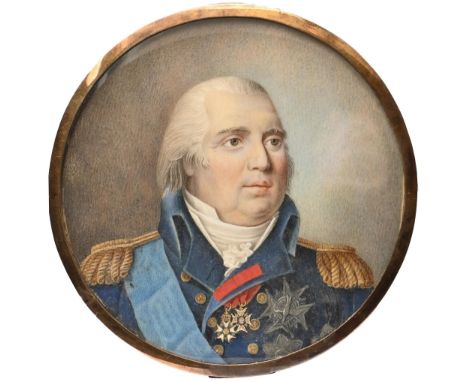 19th century follower of Jean-Baptiste Isabey - Portrait Miniature of Louis XVIII of France, ivory 70mm diam, copper gilt mou