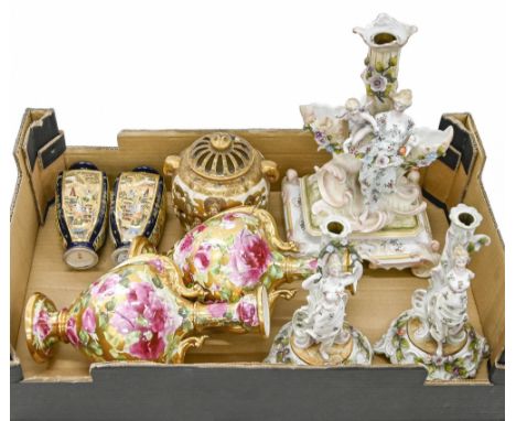 A pair of Thomas Forester & Sons Sevres pattern earthenware vases, c1900, decorated with roses on a gilt ground, 28cm h, prin