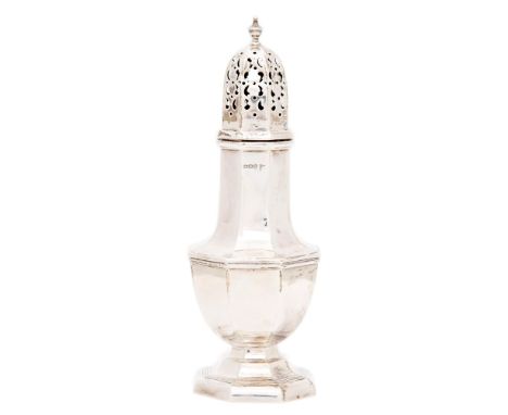 A George V silver sugar caster, 21cm h, by Walker &amp; Hall, Sheffield 1914, 5oz 18dwt  Light wear, engraved with inscriptio