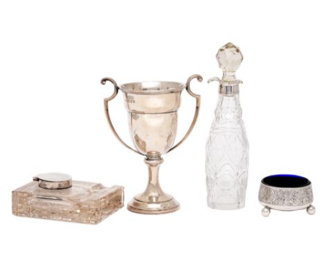 A George V silver trophy cup, 15cm h, by Garrard &amp; Co Ltd, London 1929, a Victorian silver mounted cut glass inkwell, by 