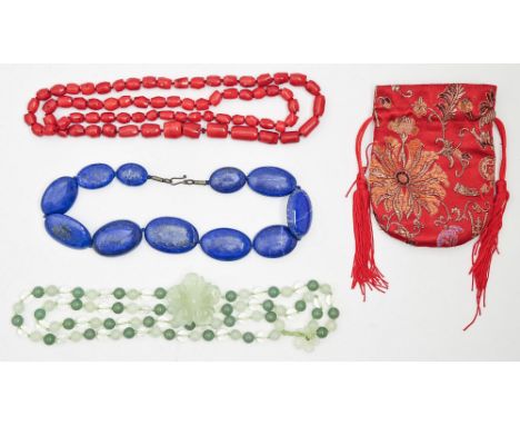 A necklace of lapis lazuli, polished oval beads, 254g, a South East Asian jade and rock crystal necklace and another (3)  Goo