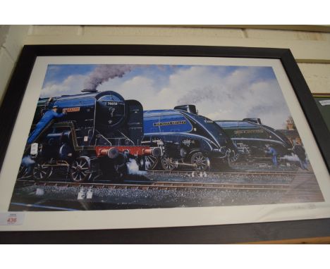 FRAMED PRINT AFTER OBEN OF STEAM ENGINES, THE SIR NIGEL GRESLEY, BRITANNIA AND UNION OF SOUTH AFRICA