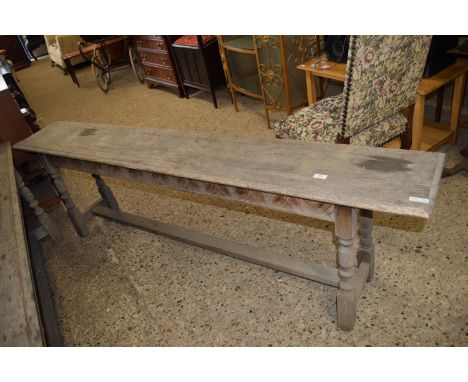VINTAGE JOINTED BENCH WITH TURNED LEGS AND CARVED FRIEZE, LENGTH APPROX 196CM