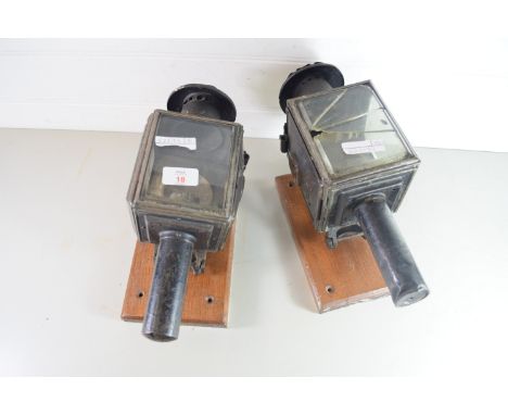 TWO VINTAGE CAR LAMPS ON WOODEN MOUNTS