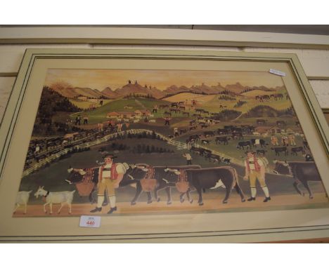 LARGE FRAMED PRINT OF A STYLISED EUROPEAN FARM, AFTER FRANZ ANTON HEIM, LABEL VERSO FOR APPENZELLER VOLKSKUNDE MUSEUM AND PRI