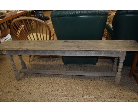 VINTAGE JOINTED BENCH WITH TURNED LEGS AND CARVED FRIEZE, LENGTH APPROX 196CM