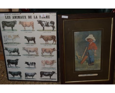 FRAMED FRENCH AGRICULTURAL PRINT "LES ANIMAUX DE LA FERME" DEPICTING VARIOUS CATTLE BREEDS, WIDTH APPROX 46CM, TOGETHER WITH 