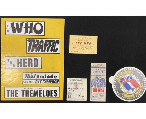 Good selection of The Who memorabilia to inc: 1967 programme for The Who/Traffic/The Herd, 1966 Town Hall Torquay ticket stub