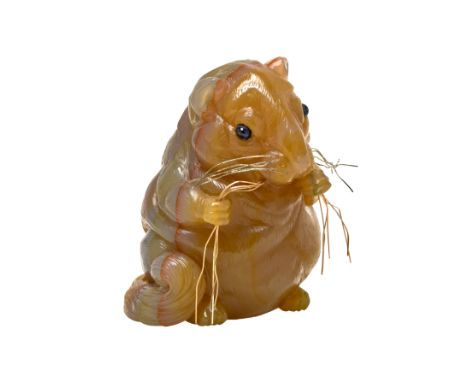 FABERGE, AN EXTREMELY RARE AND HIGHLY IMPORTANT JEWELLED, SILVER AND GOLD MOUNTED LIFE-SIZE AGATE MODEL OF A DORMOUSE, ST PET
