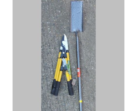 A steel fence spade, together with a pruner, lopper and shears set