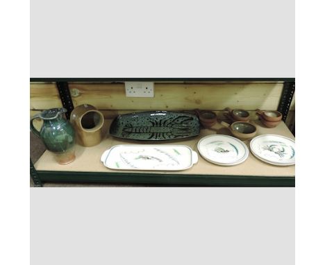 A collection of studio pottery, to include a stoneware jug by Sylvia Dales, a set of ramekins by the Leach Pottery, St Ives, 