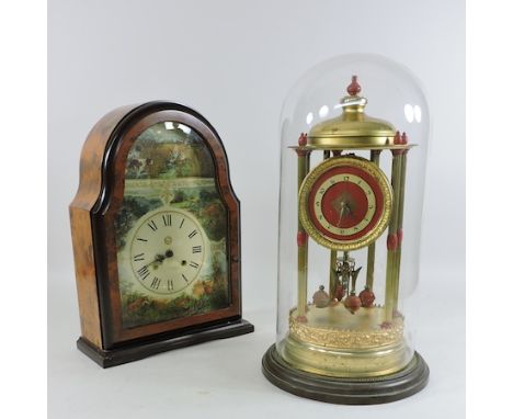An early 20th century anniversary clock, contained under a glass dome, 42cm tall, together with a mantel clock, with a painte