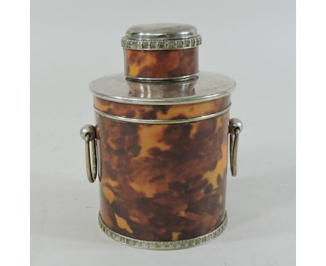 A faux tortoiseshell and silver plated tea caddy, 11cm tall