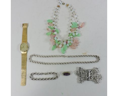 A Rotary gold plated ladies wristwatch, together with a silver buckle, necklace and bracelet, an amethyst and seed pearl broo