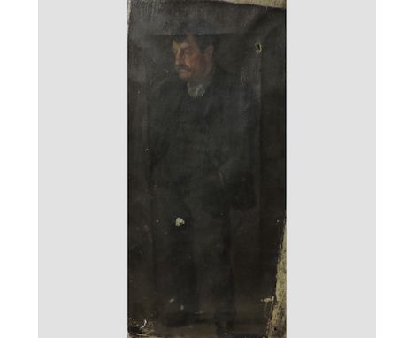English School, early 20th century, portrait of a standing gentleman, oil on canvas, unframed, 40 x 20cm 