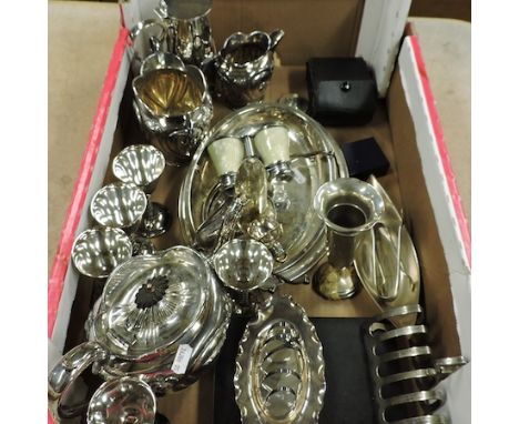 A pair of mother of pearl opera glasses, cased, together with a collection of silver plated items