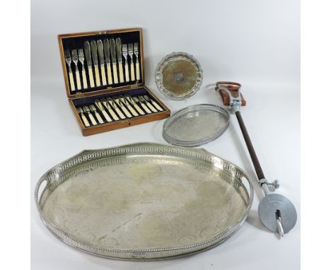 A collection of three silver plated trays, together with a set of cutlery, cased, and a shooting stick