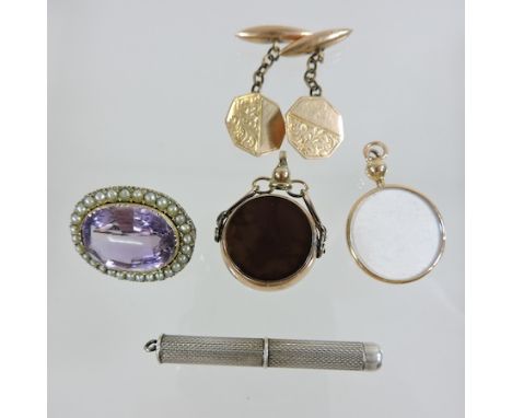 A pair of 9 carat gold cufflinks, together with a gold and hardstone fob seal, a silver propelling tooth pick, a seed pearl b