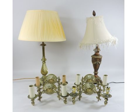 A set of four brass Maltese cross design double wall lights, together with a brass desk lamp and another gilt painted desk la