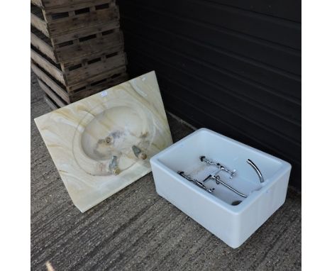 A ceramic butler's sink, 62cm, together with another sink and a chrome mixer tap