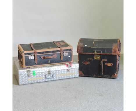 A dome top trunk, 61cm, together with two suitcases
