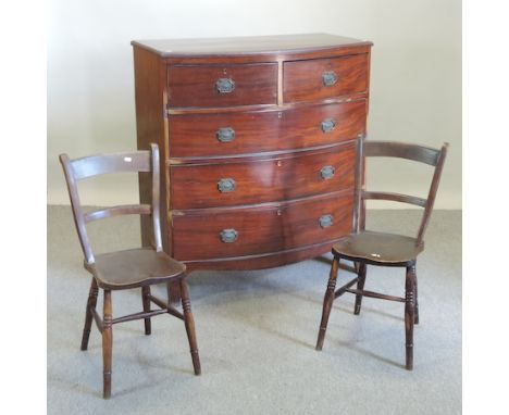 A late George III mahogany bow front chest, on swept bracket feet, 103cm, together with a pair of 19th century knife back din