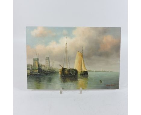 James Hardy, 20th century, a Dutch port with barges, signed oil on board, 21 x 30cm
