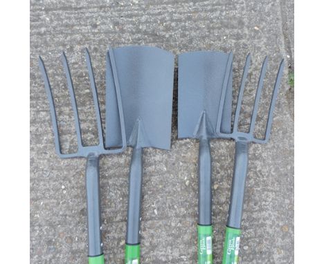 A garden fork and spade set, together with another