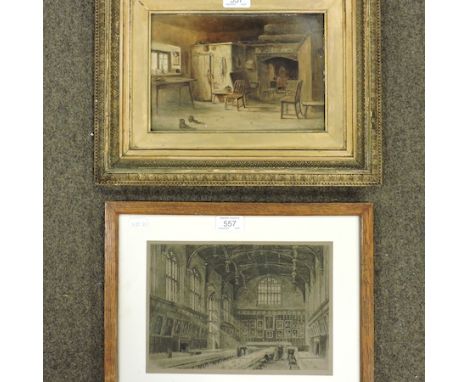 English School, interior scene, oil on board, 16 x 24cm, together with a lithograph