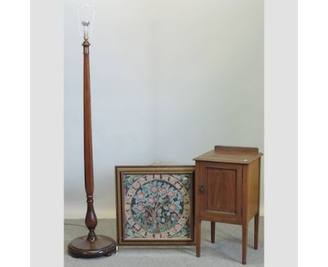 An Edwardian mahogany pot cupboard together with a standard lamp and a tapestry fire screen, 60cm