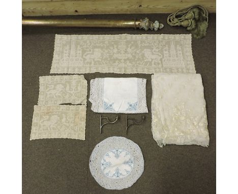 A collection of antique linen and lace, originally from Parham Park and Benacre Hall, to include heraldic table runners, toge