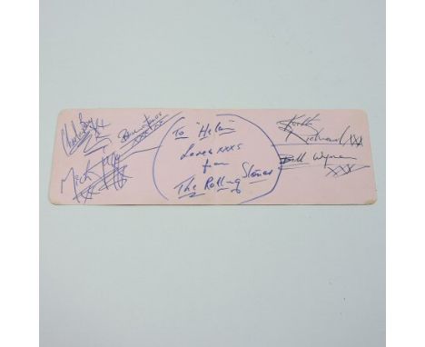 A Rolling Stones band autograph, circa 1963, inscribed To Helen Love XXXs from The Rolling Stones, signed Keith Richards, Bil